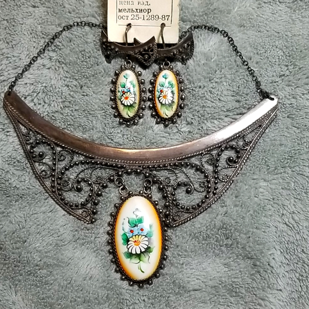 Vintage Russian Enamel necklace and earrings